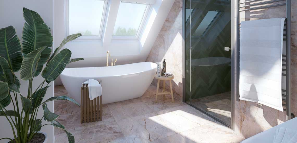 Tetőtéri fürdőszoba kő és márvány felületeket imitáló burkolattal